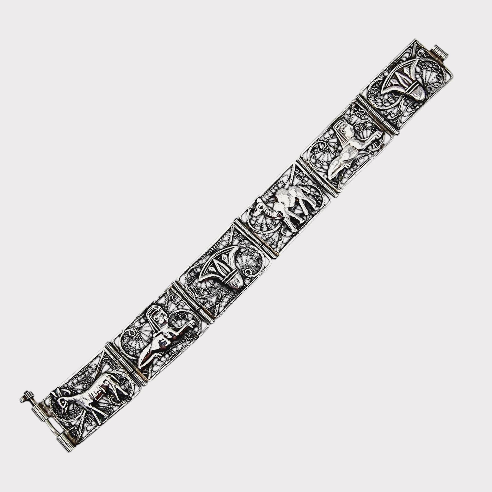 Vintage Egyptian Filigree Silver Bracelet - Sphinx, Camel & Lotus Motif, 30.09G von detaschmuck