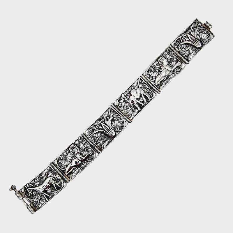 Vintage Egyptian Filigree Silver Bracelet - Sphinx, Camel & Lotus Motif, 30.09G von detaschmuck