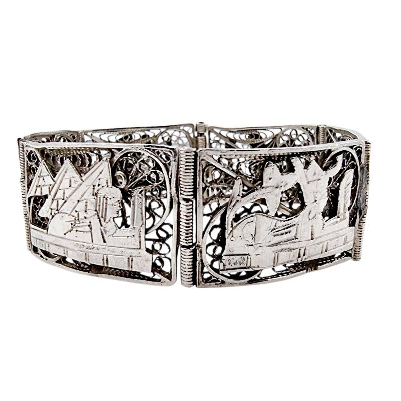 Vintage Egyptian Revival Silver Panel Bracelet - Handmade Filigree Design, Pyramid & Sphinx Motif 34.75G, 19cm von detaschmuck