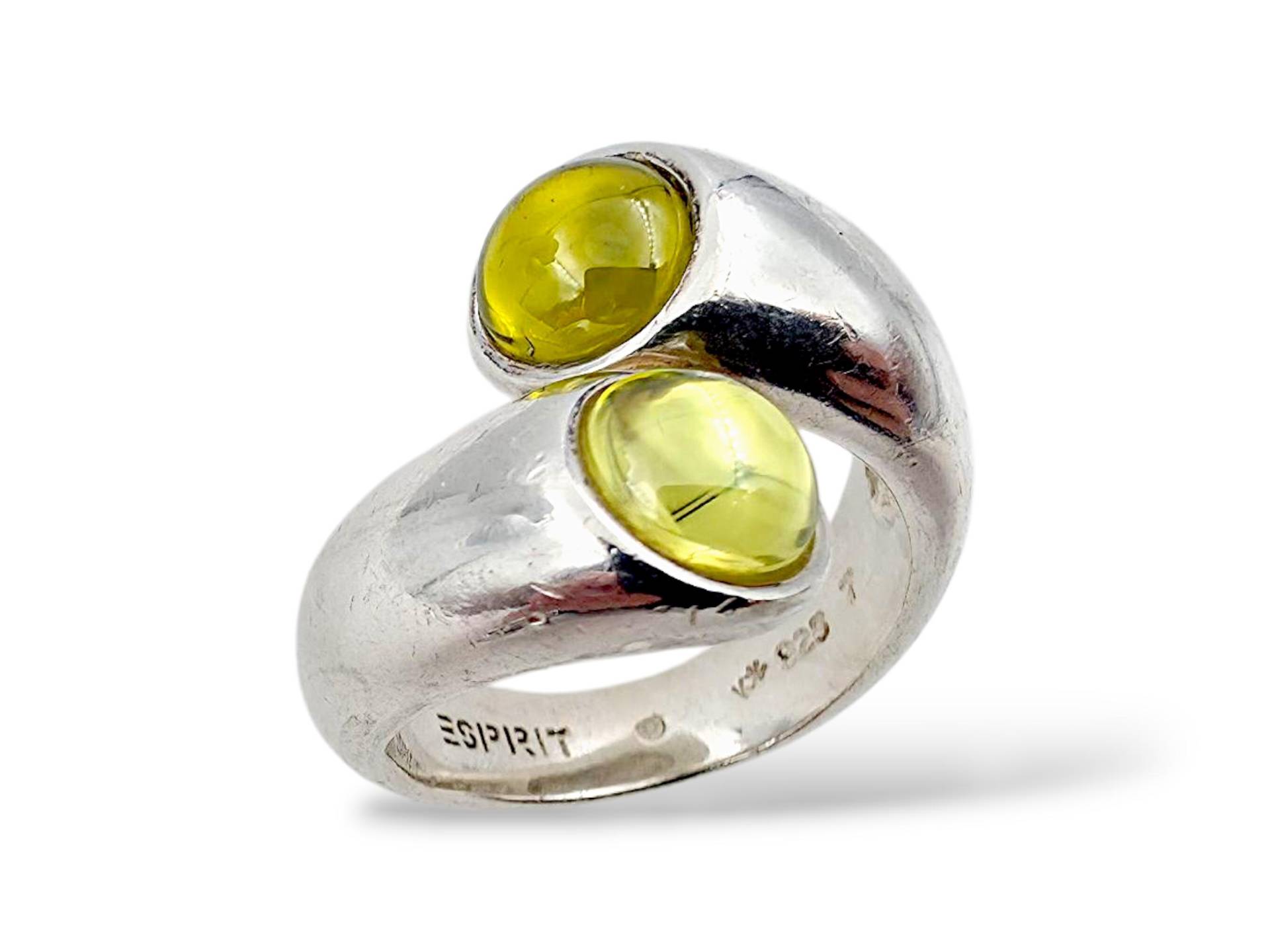 Vintage Esprit 925 Silver Double Cabochon Ring | Modern Bypass Design Lime Yellow Glass Stones Eu 54 Us 7 von detaschmuck