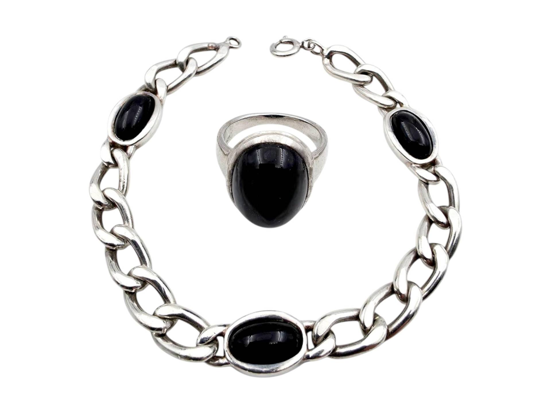 Vintage Franz Scheurle Silver Bracelet & Ring Set With Black Onyx - 29G, 18cm, Eu 56 | Us 7.5 von detaschmuck