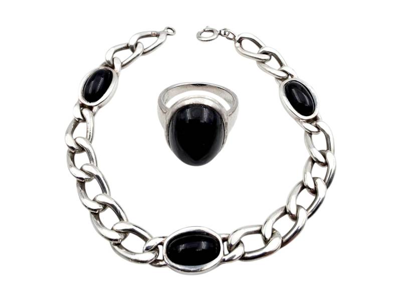 Vintage Franz Scheurle Silver Bracelet & Ring Set With Black Onyx - 29G, 18cm, Eu 56 | Us 7.5 von detaschmuck