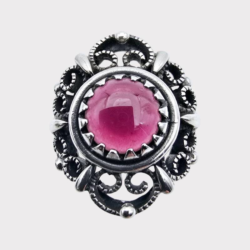 Vintage Garnet Cabochon Ornate Silver Ring - Intricate Floral Design Size 53.5 | Us 6.5 von detaschmuck