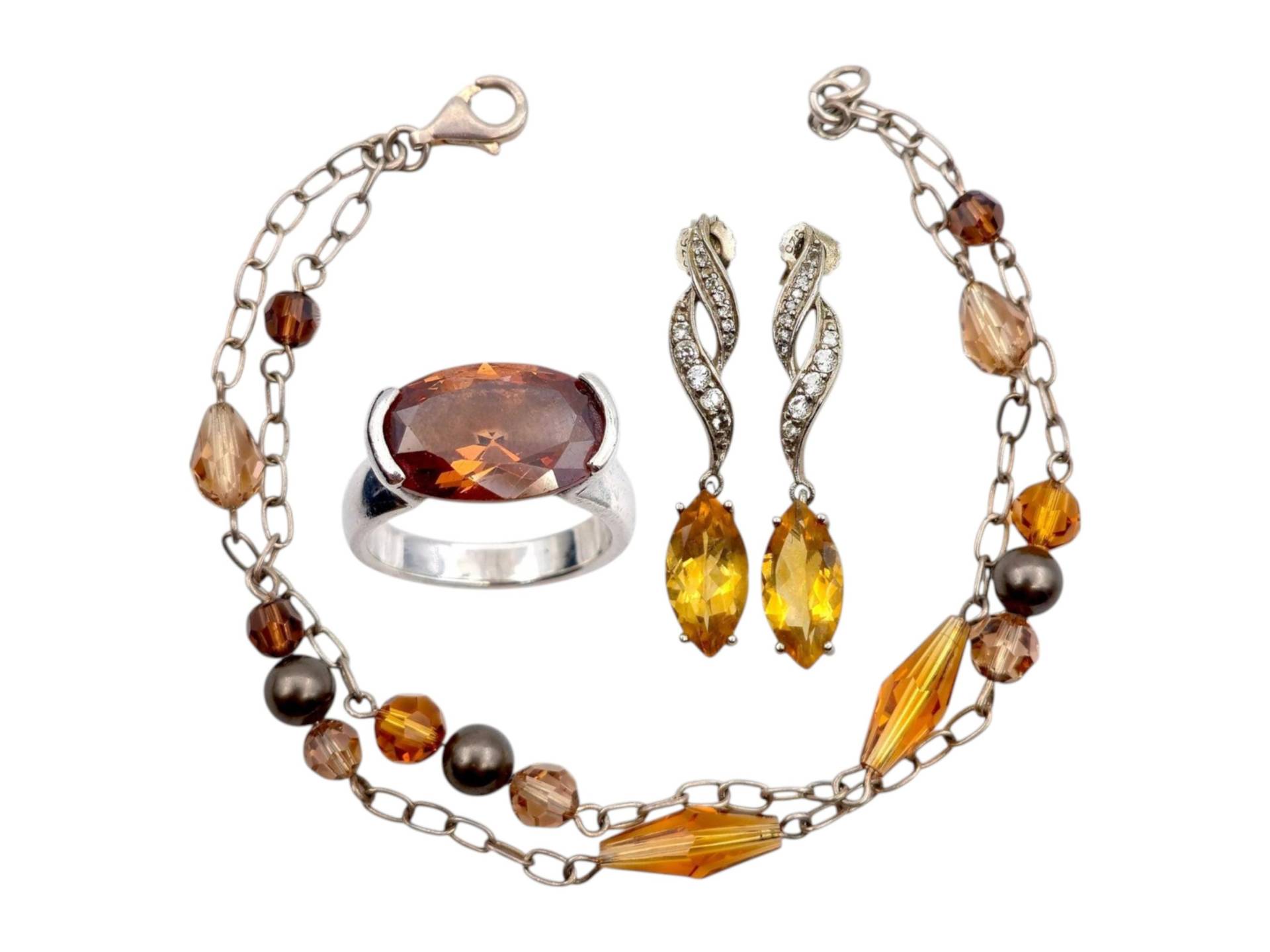 Vintage-Inspired 925 Silver Jewelry Set | Citrine Earrings, Beaded Bracelet & Brown Statement Ring Eu 56 | Us 7.5 3-Piece Fall von detaschmuck