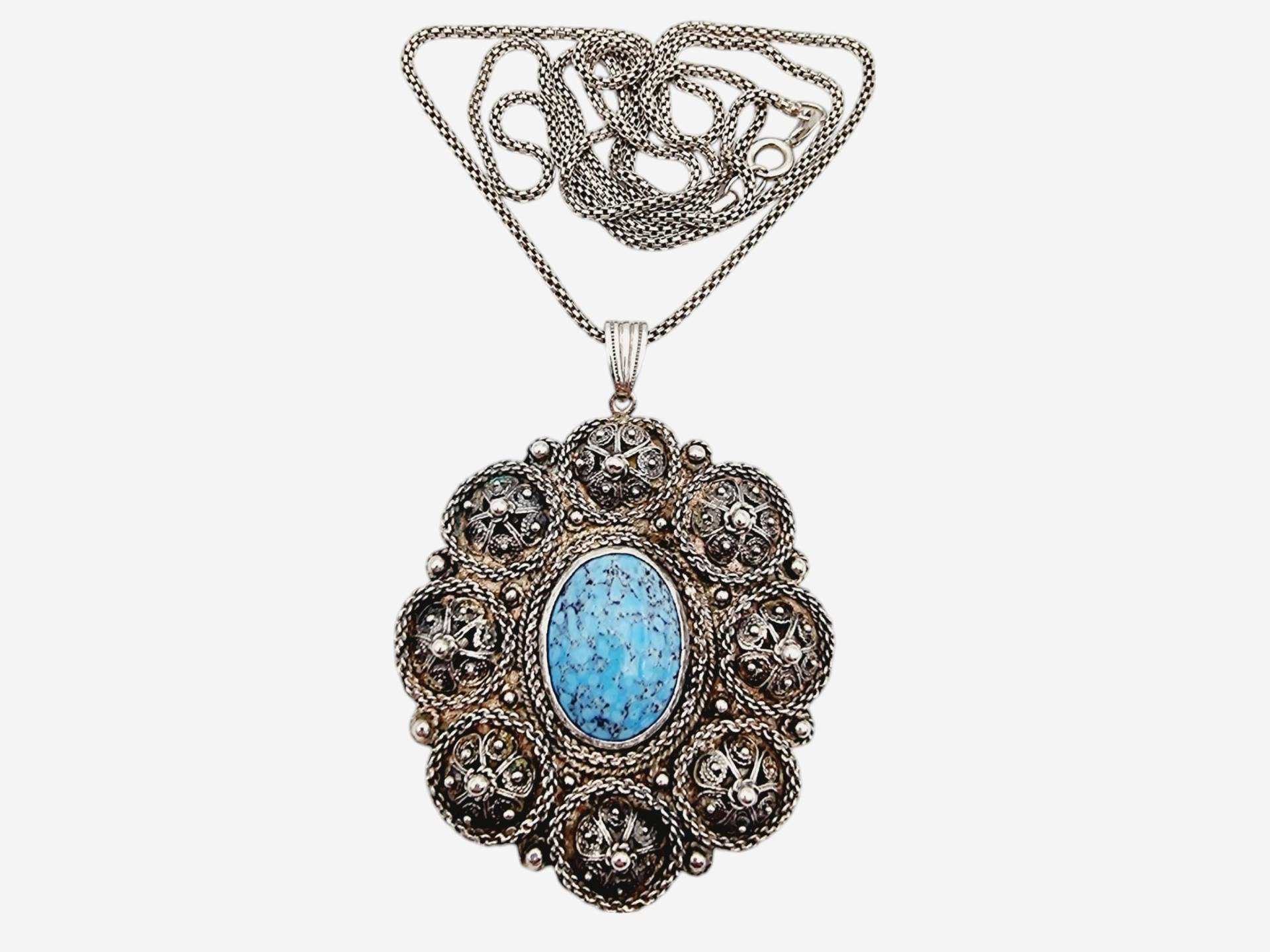 Vintage Israeli Sterling Silver Filigree Pendant Necklace With Simulated Turquoise, Large Ornate Statement Jewelry von detaschmuck
