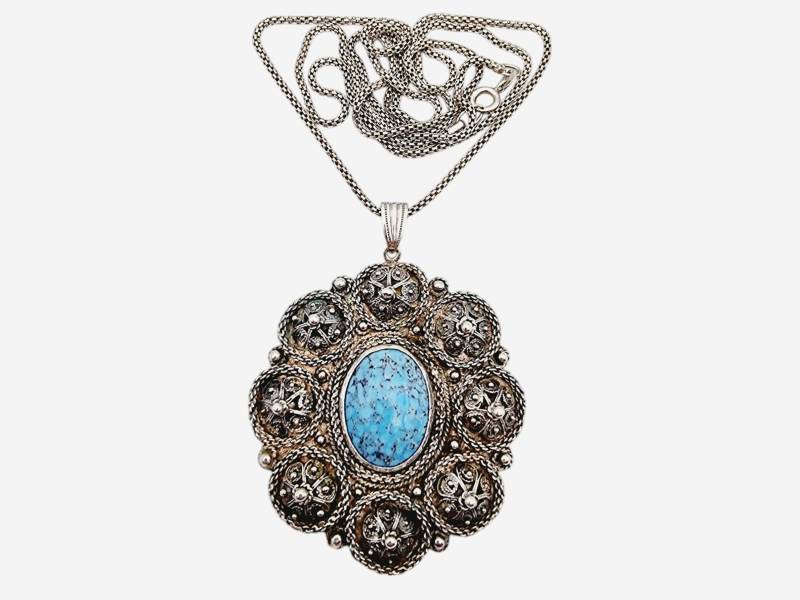 Vintage Israeli Sterling Silver Filigree Pendant Necklace With Simulated Turquoise, Large Ornate Statement Jewelry von detaschmuck