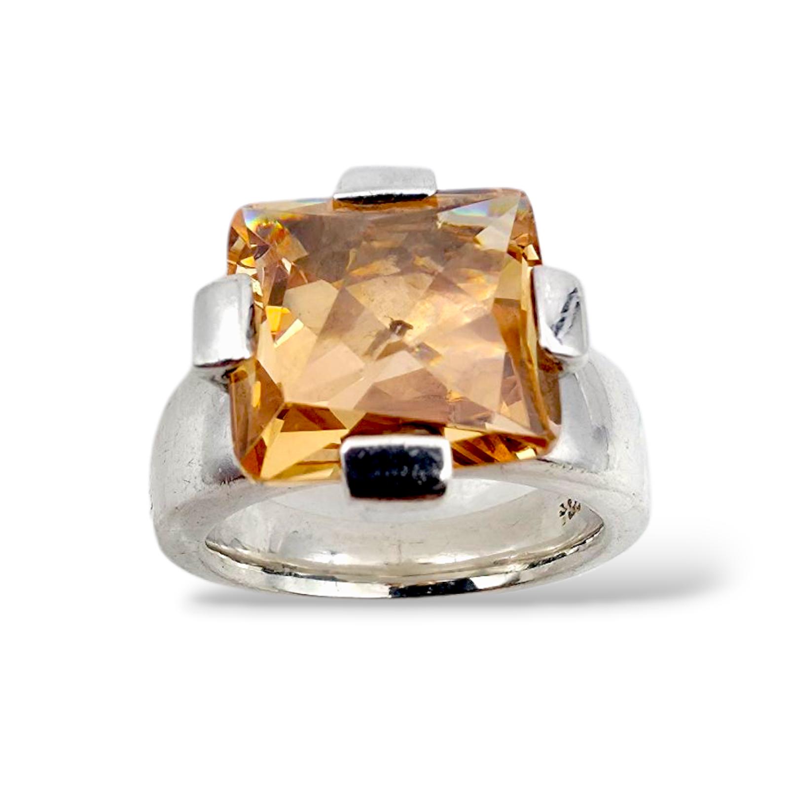 Vintage Joop Silver Ring With Square Citrine Color Stone, Modernist Statement Ring, Eu 53 | Us 6.5 von detaschmuck