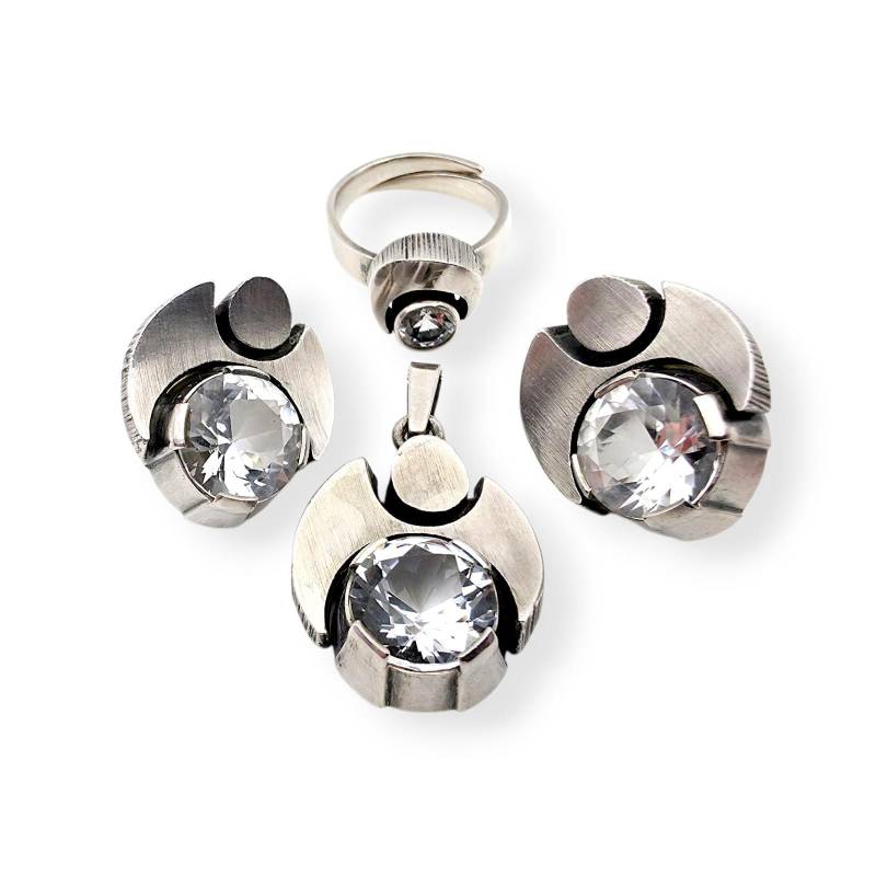Vintage Karl Laine Finland Modernist Silver Set With Rock Crystal | Earrings, Pendant & Ring | 1970S von detaschmuck