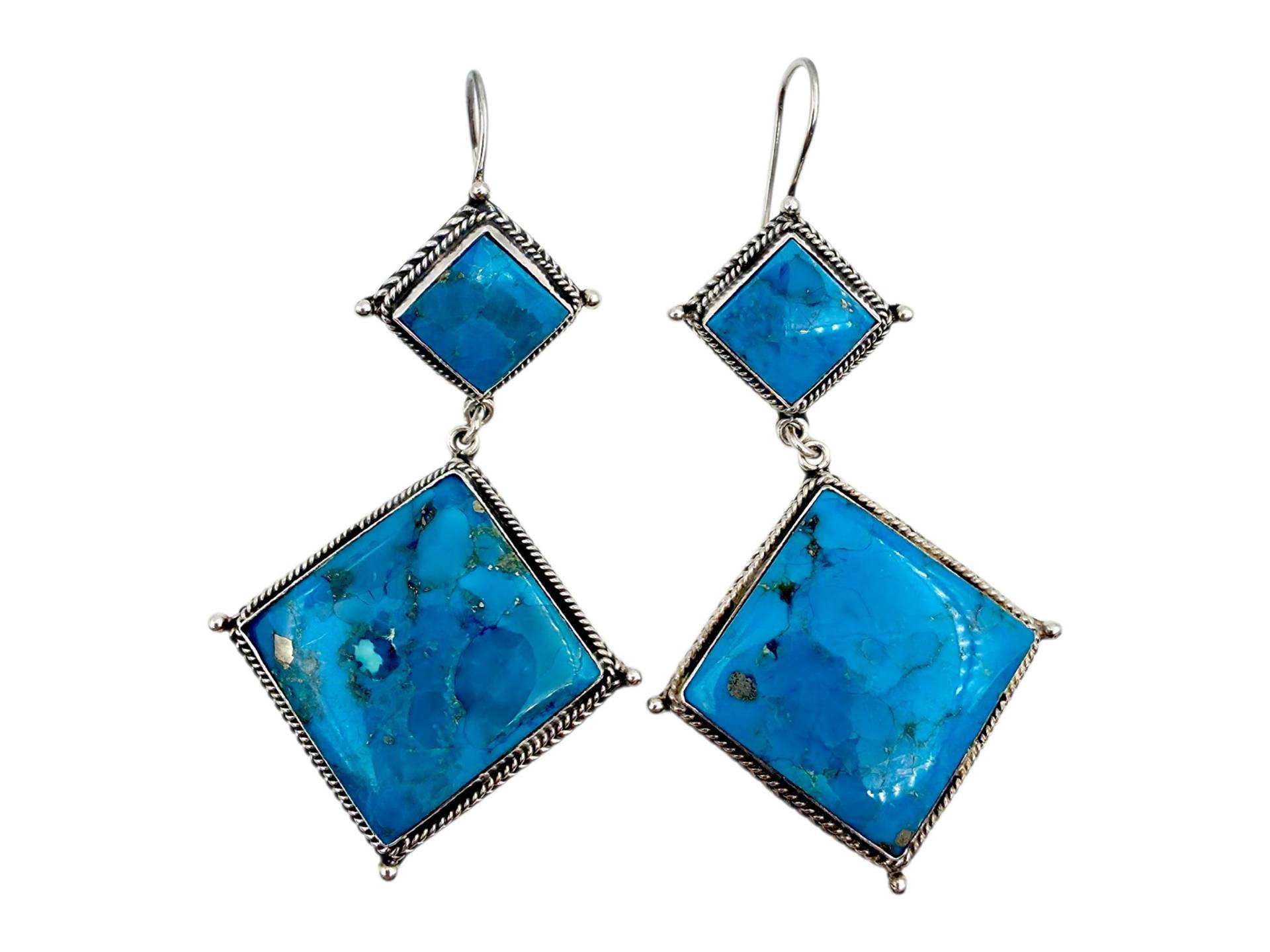 Vintage Large 925 Silver Turquoise Earrings | Double Square Dangle Boho Southwestern Statement Jewelry 56x35 Mm von detaschmuck