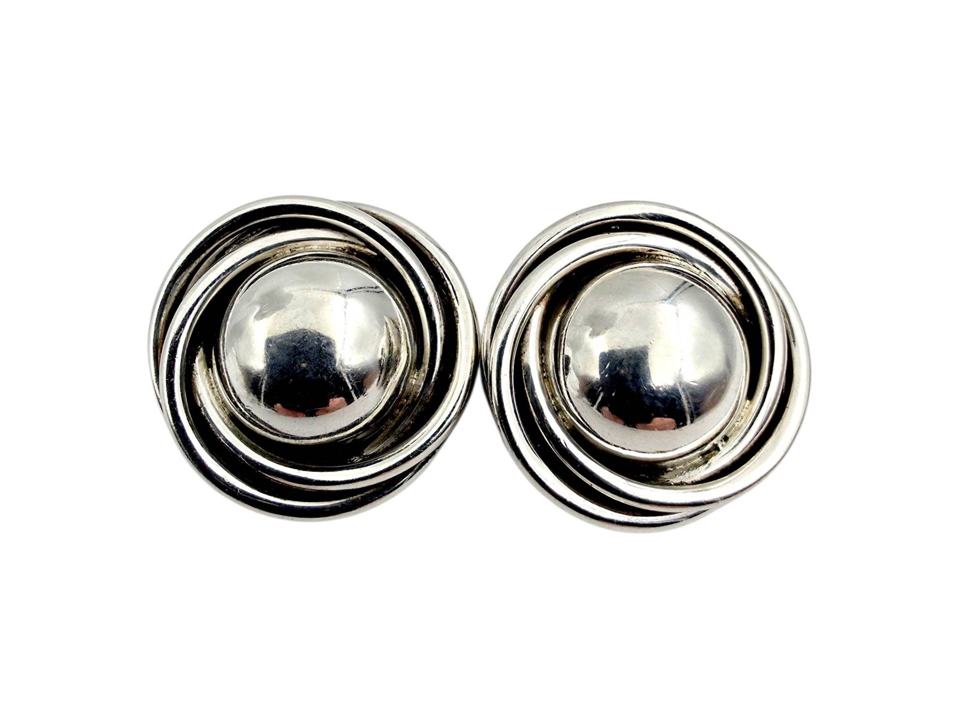 Vintage Mexican 925 Silver Clip-On Earrings | Taxco Swirl Dome Design Bold Mid-Century Modernist Jewelry 24×24 Mm von detaschmuck