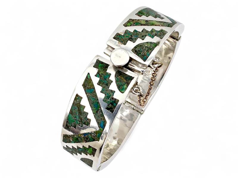 Vintage Mexican 925 Silver Malachite Inlay Bracelet - Taxco Geometric Aztec Design, 1970S Sterling Bangle von detaschmuck