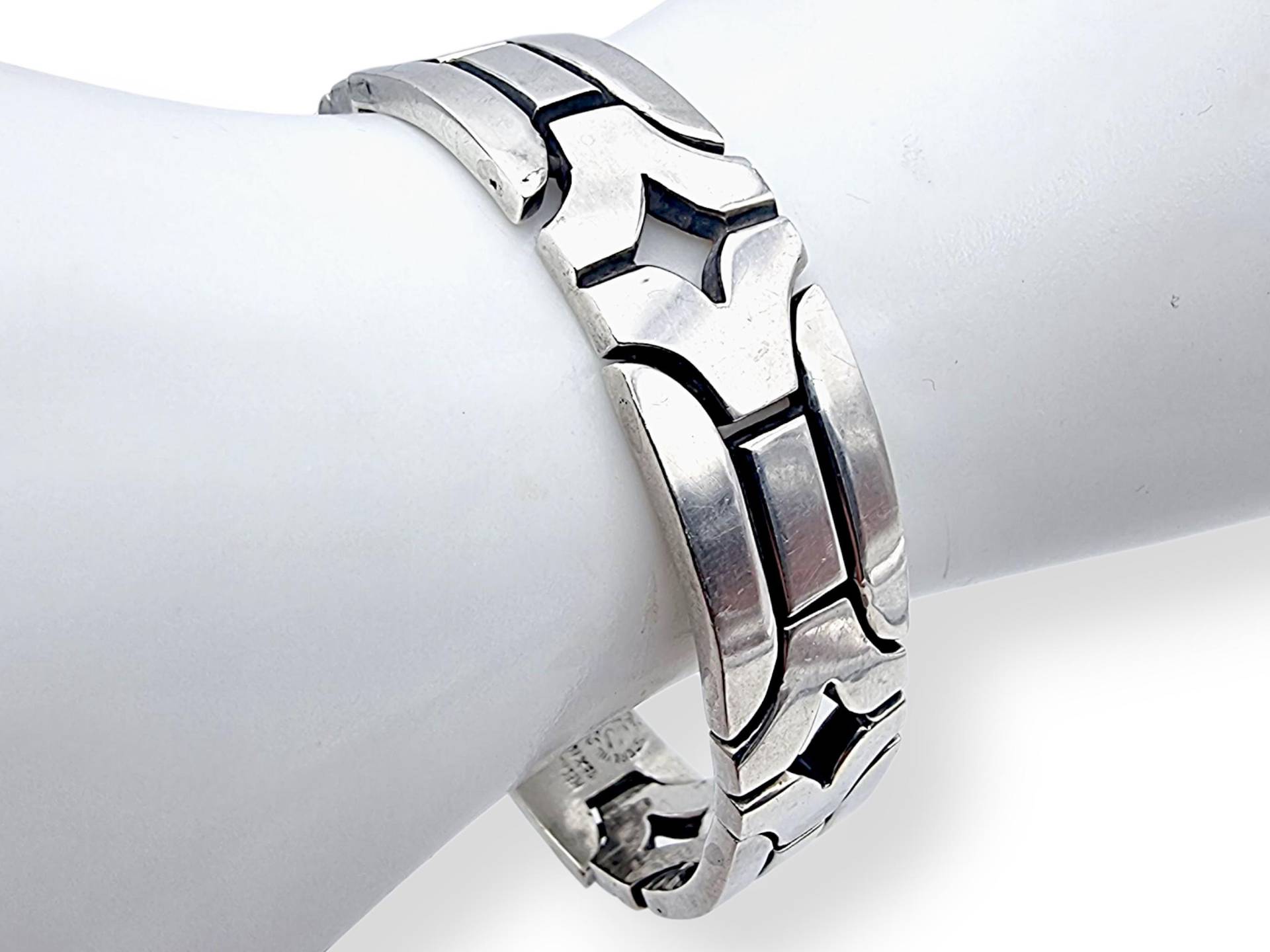 Vintage Mexican 925 Sterling Silver Bracelet - Taxco Geometric Link Design, Heavy Mid-Century Modernist Bangle 61G von detaschmuck