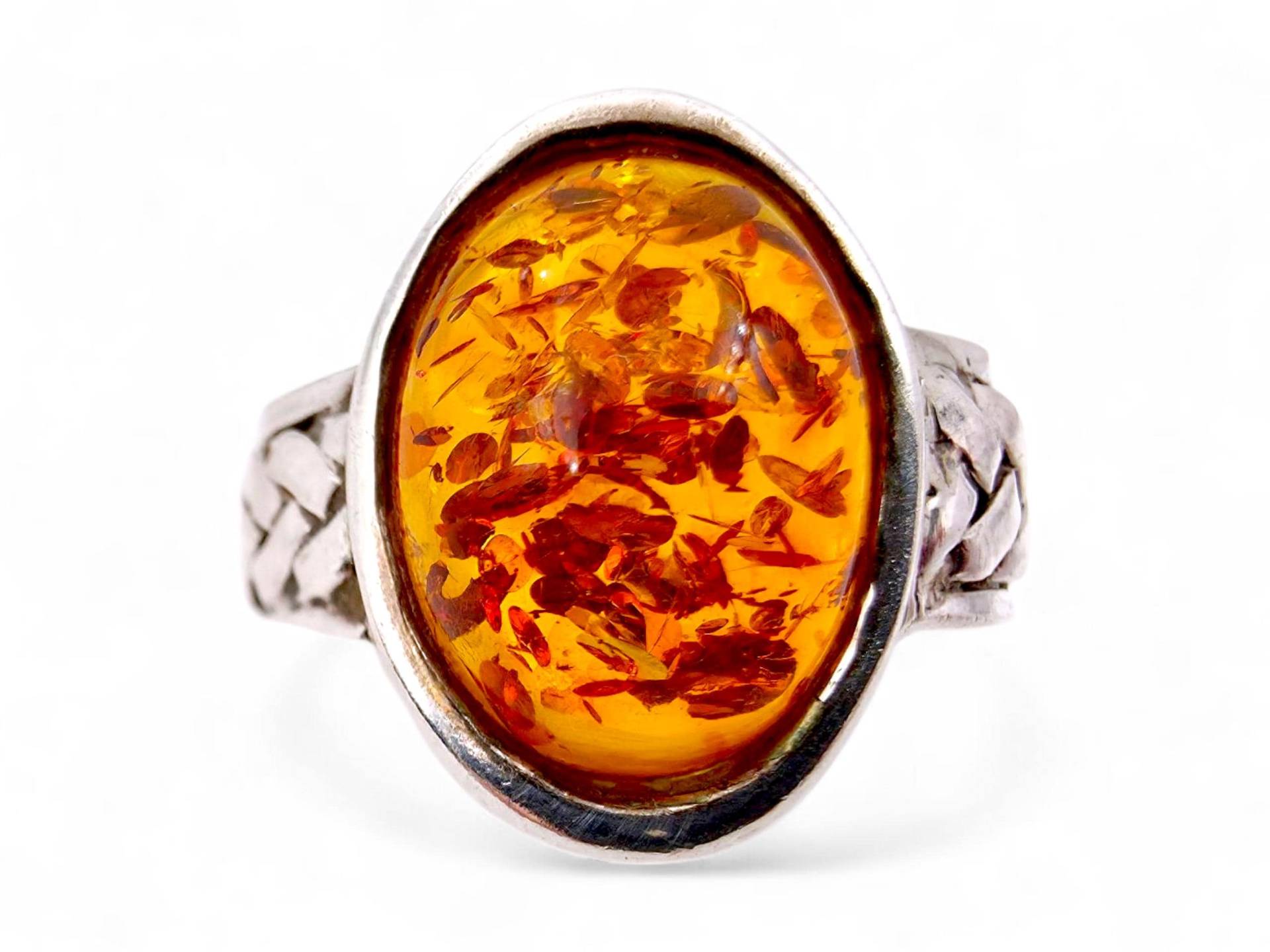 Vintage Mexican Sterling Silver Amber Ring 925, Honey Oval Cabochon Boho Design | Eu 57/Us 8 von detaschmuck