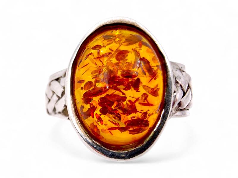 Vintage Mexican Sterling Silver Amber Ring 925, Honey Oval Cabochon Boho Design | Eu 57/Us 8 von detaschmuck