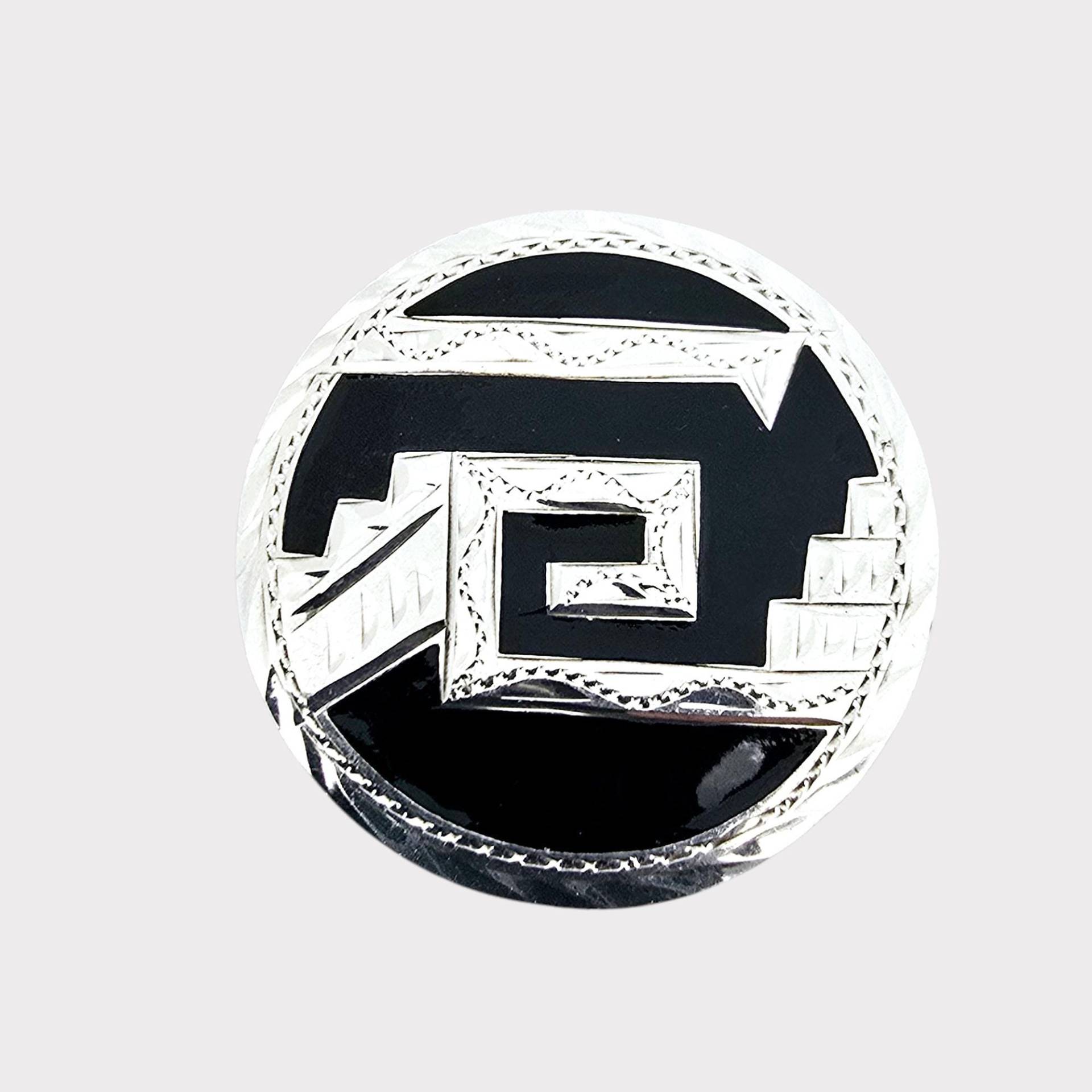 Vintage Mexican Sterling Silver Brooch With Black Enamel Aztec Maze Design von detaschmuck