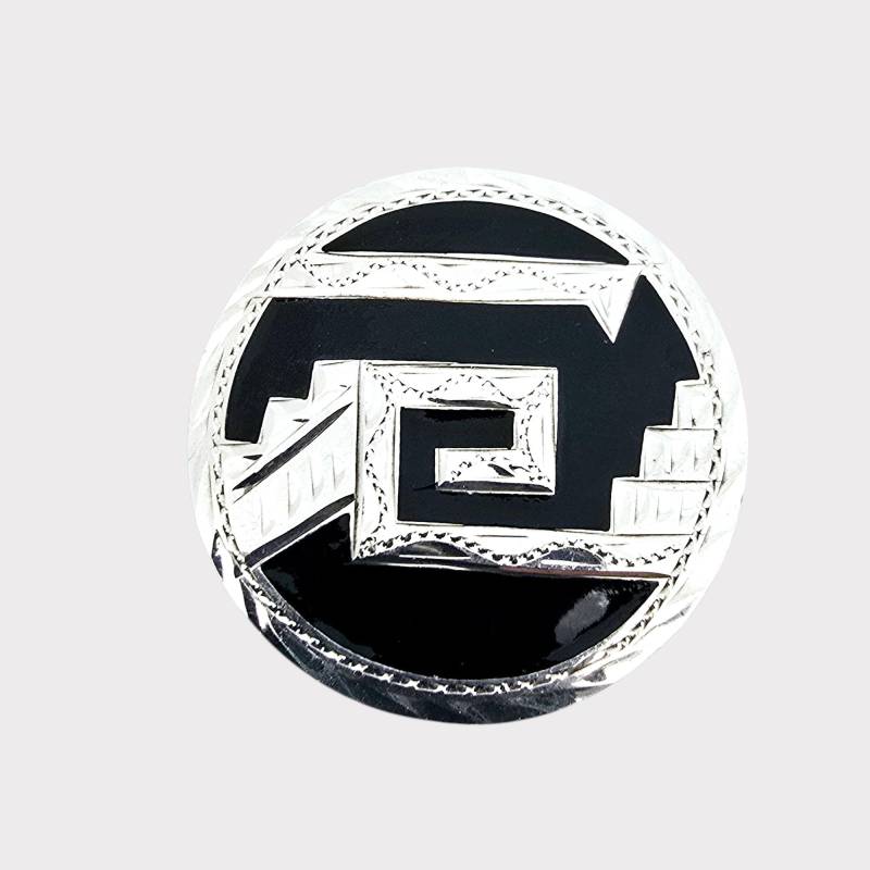 Vintage Mexican Sterling Silver Brooch With Black Enamel Aztec Maze Design von detaschmuck