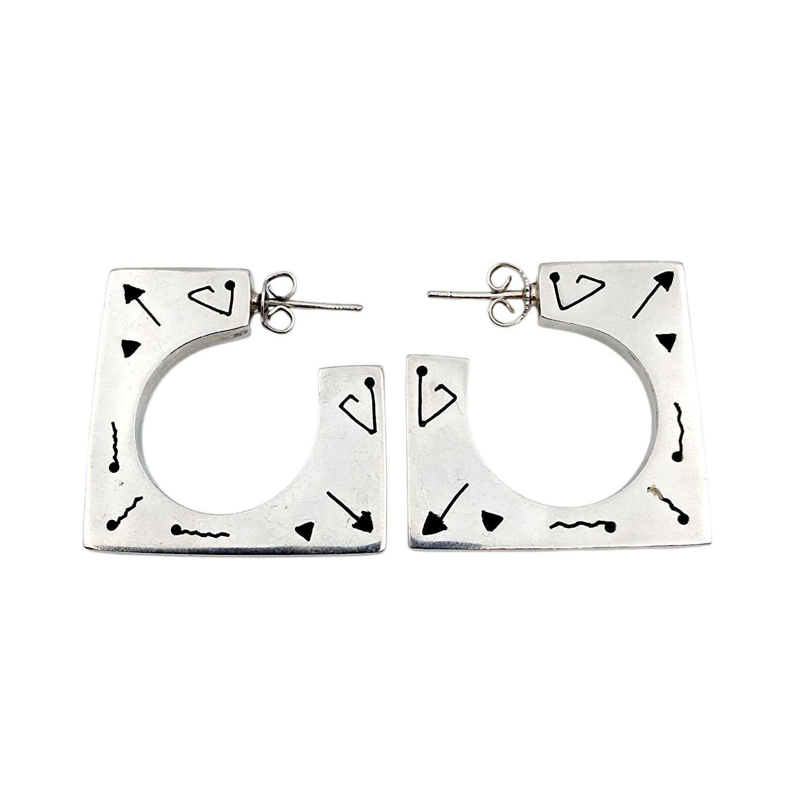 Vintage Mexican Sterling Silver Earrings | 1980S Taxco Modernist Geometric Hoop With Abstract Design von detaschmuck