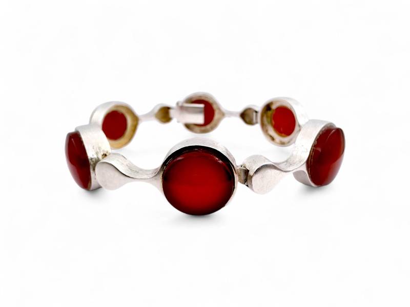 Vintage Modernist 835 Silver Carnelian Bracelet, European Mid-Century Jewelry, 1960S Bold Cabochon 18cm von detaschmuck