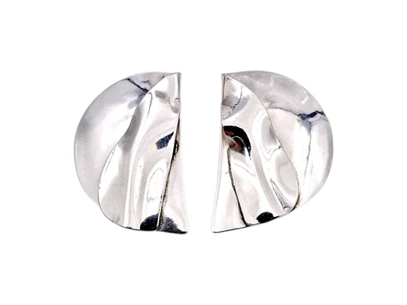 Vintage Modernist Silver Sculptural Clip-On Earrings, Handmade Signed Designer Statement Jewelry, 1970S Scandinavian Style von detaschmuck