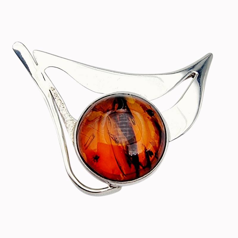 Vintage Modernist Sterling Silver Baltic Amber Brooch - Abstract Statement Pin von detaschmuck