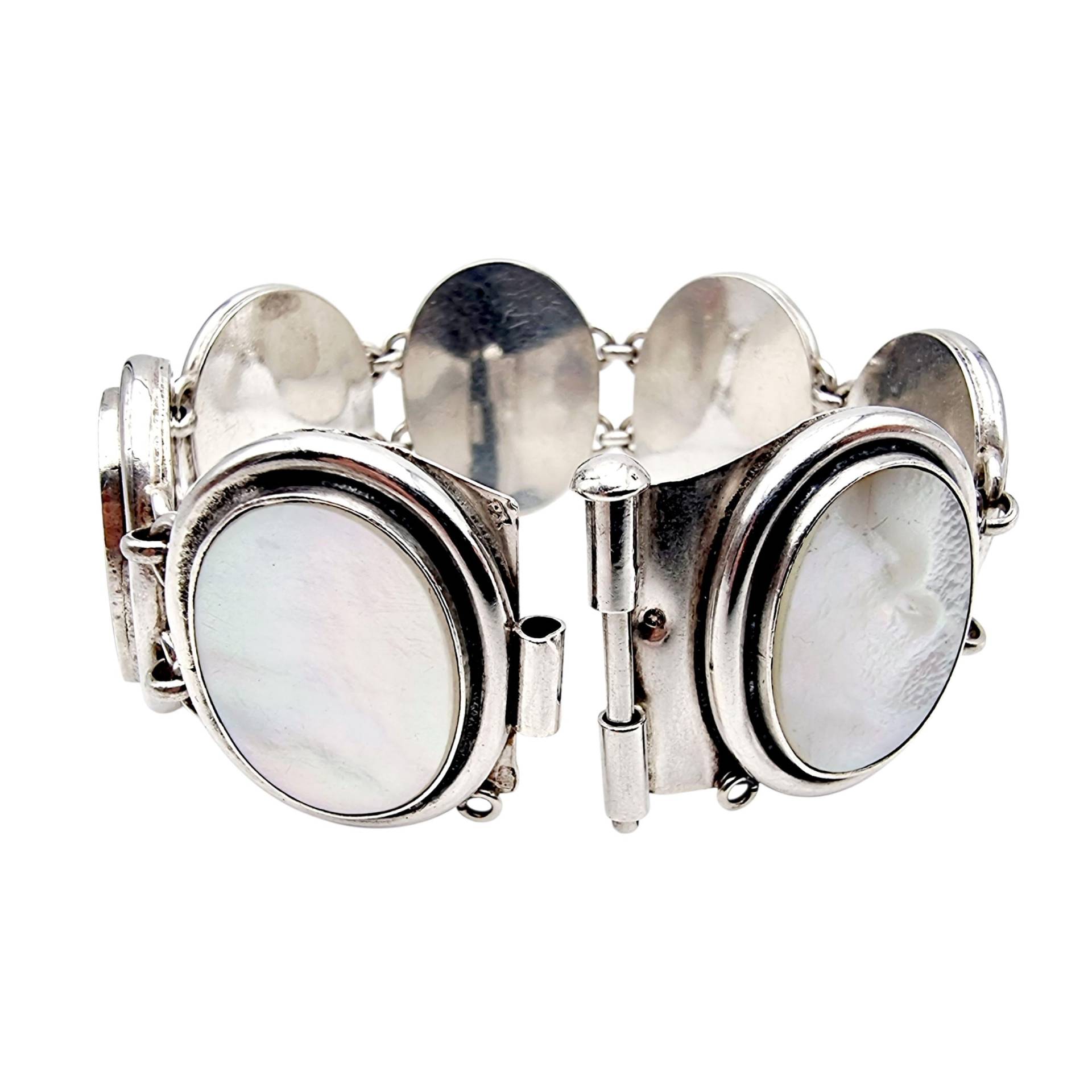 Vintage Polish Silver Bracelet With Oval Mother-Of-Pearl Panels | 69.6G Statement Cuff 1980S 925 Hallmark 20cm Length von detaschmuck
