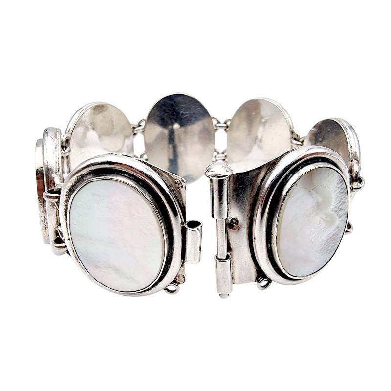 Vintage Polish Silver Bracelet With Oval Mother-Of-Pearl Panels | 69.6G Statement Cuff 1980S 925 Hallmark 20cm Length von detaschmuck
