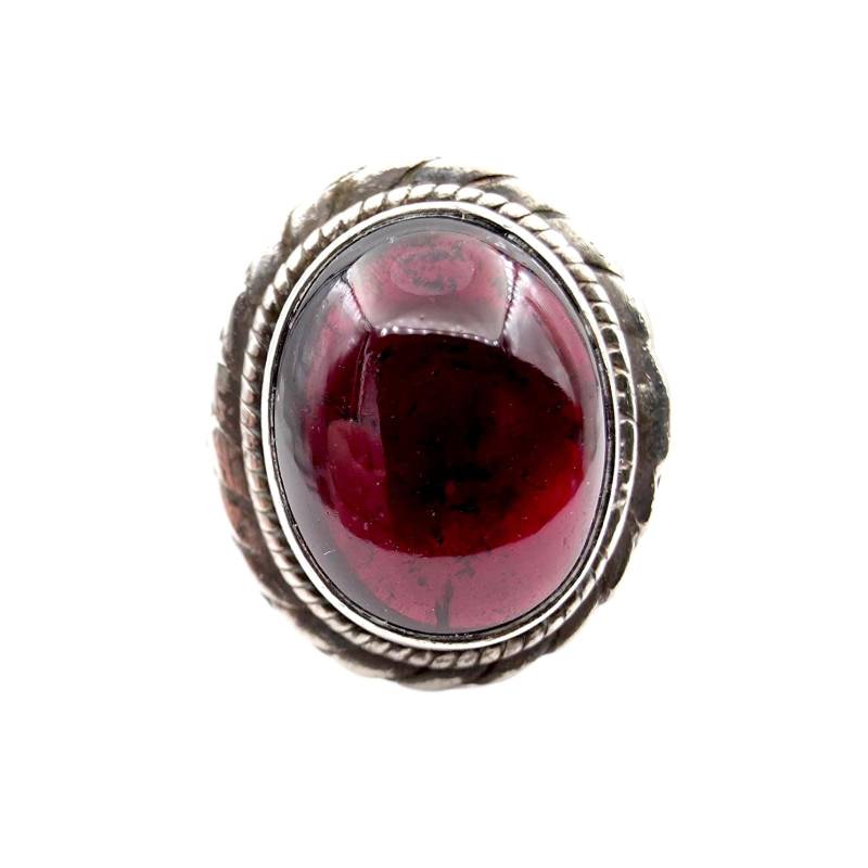Vintage Polish Silver Ring With Garnet Cabochon - Eu 58 | Us 8.25 1970S Ornate Rope Bezel Design 7.75 G Statement von detaschmuck