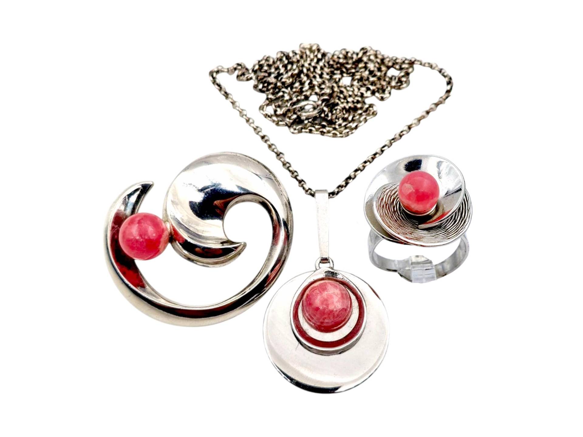 Vintage Rose Quartz Jewelry Set in Silver - Pendant, Brooch & Ring Mixed 925/900/800 von detaschmuck