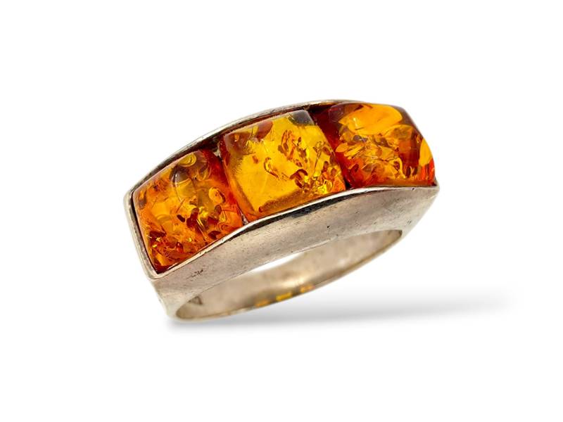 Vintage Silver Amber Ring | Eu 56/Us 7.5 | 925 Men's With Three Baltic Stones Mid-Century Modern Design von detaschmuck