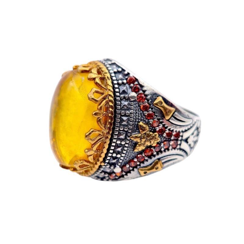 Vintage Silver Amber Ring With Gold Accents & Red Stones | Ottoman Style Men's Size Eu 61 | Us 9.5 12.46G Statement Jewelry von detaschmuck