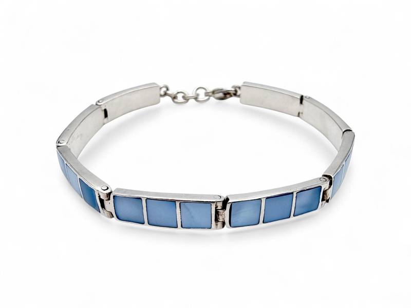 Vintage Silver Bracelet With Blue Inlay Stones - Modernist 925 Link Design, 19cm von detaschmuck