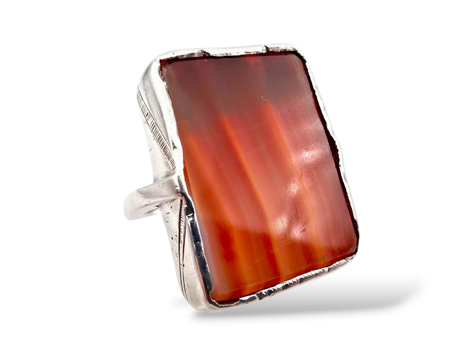 Vintage Silver Carnelian Ring | 1970S Rectangular Banded Agate Statement | Eu 55/Us 7.25 von detaschmuck