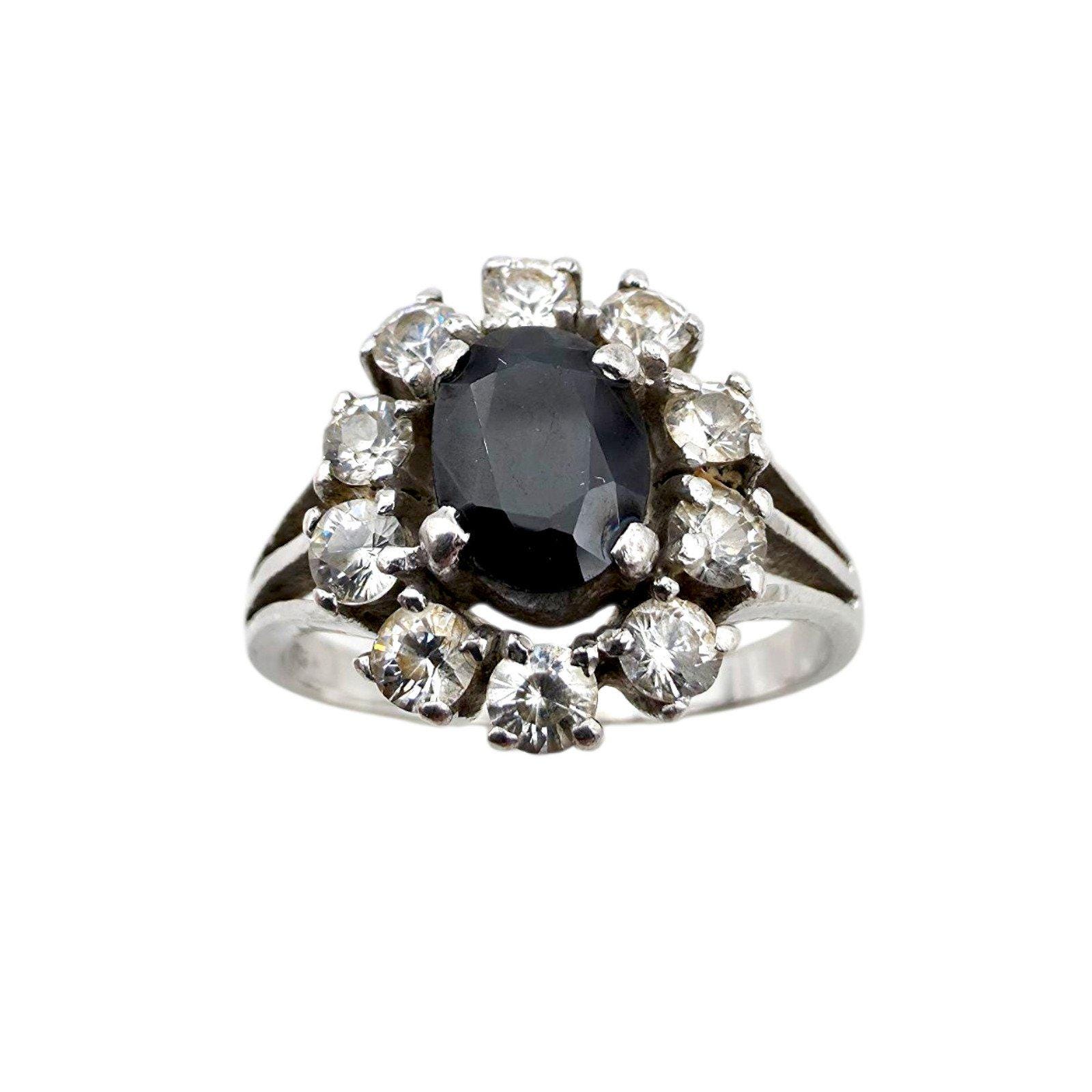 Vintage Silver Cluster Ring With Oval Sapphire & White Stones - Eu 62 | Us 10 Elegant Cocktail Jewelry von detaschmuck