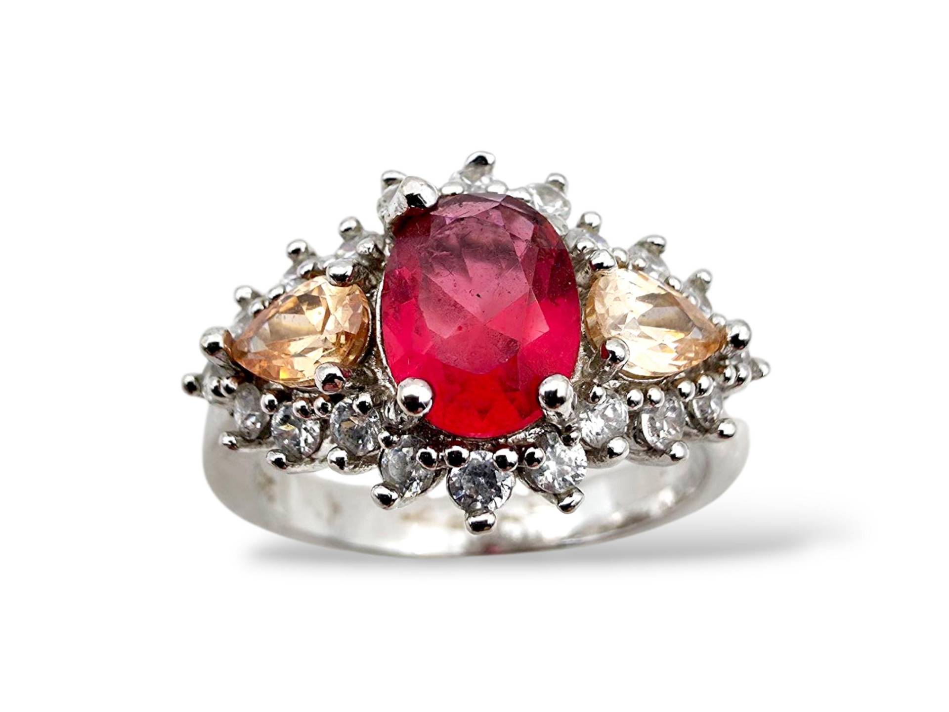 Vintage Silver Cocktail Ring Eu 62 | Us 10, Synthetic Red & Champagne Stones With Clear Accents, Bold Cluster Statement Jewelry von detaschmuck