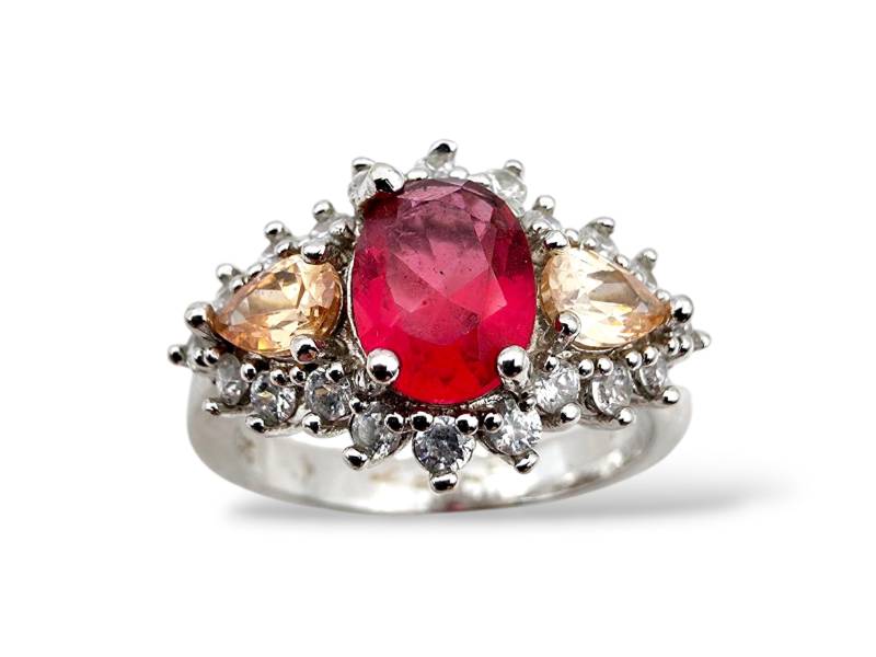 Vintage Silver Cocktail Ring Eu 62 | Us 10, Synthetic Red & Champagne Stones With Clear Accents, Bold Cluster Statement Jewelry von detaschmuck