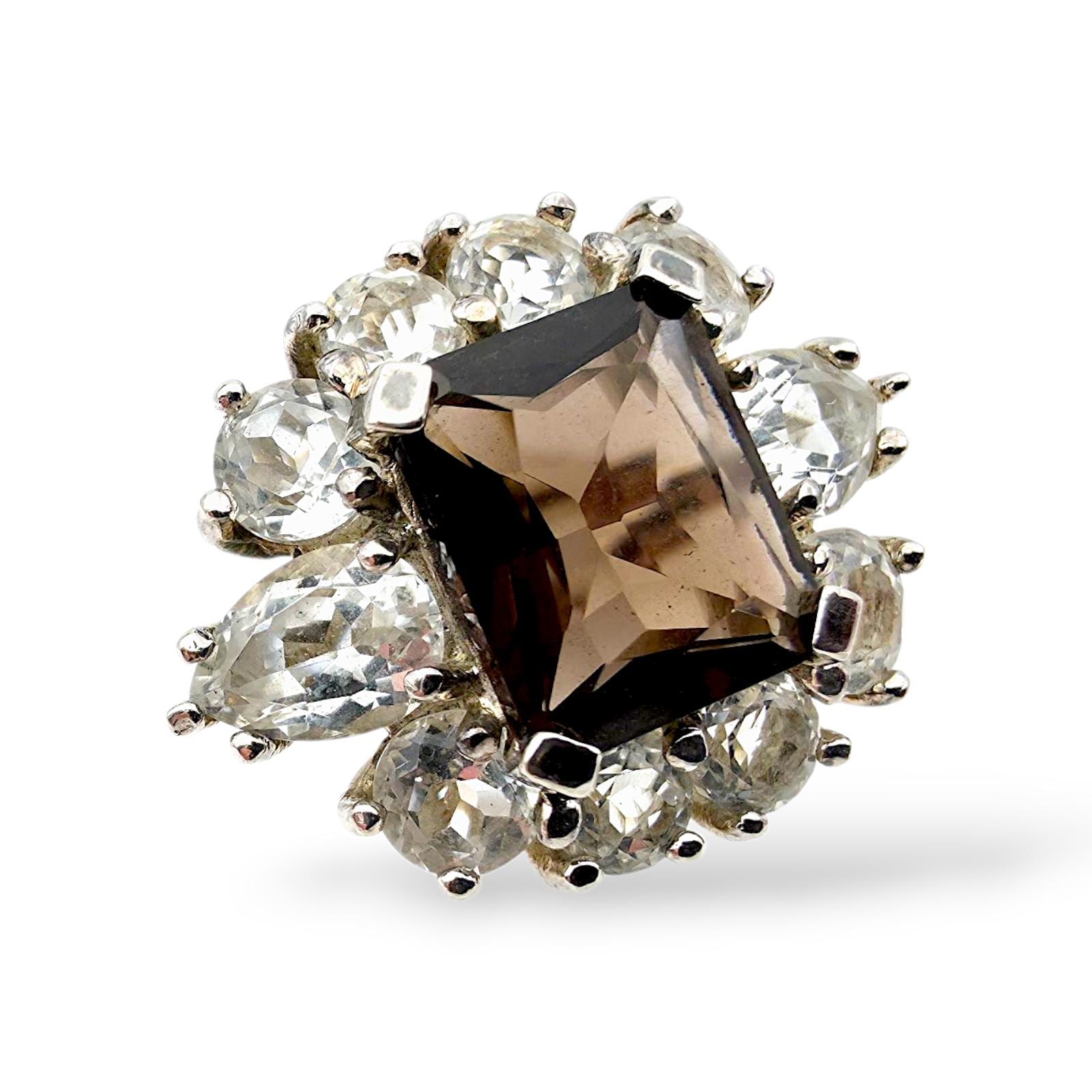 Vintage Silver Cocktail Ring With Smoky Quartz & White Topaz | Cluster Statement Eu 56.5 | Us 7.5 von detaschmuck