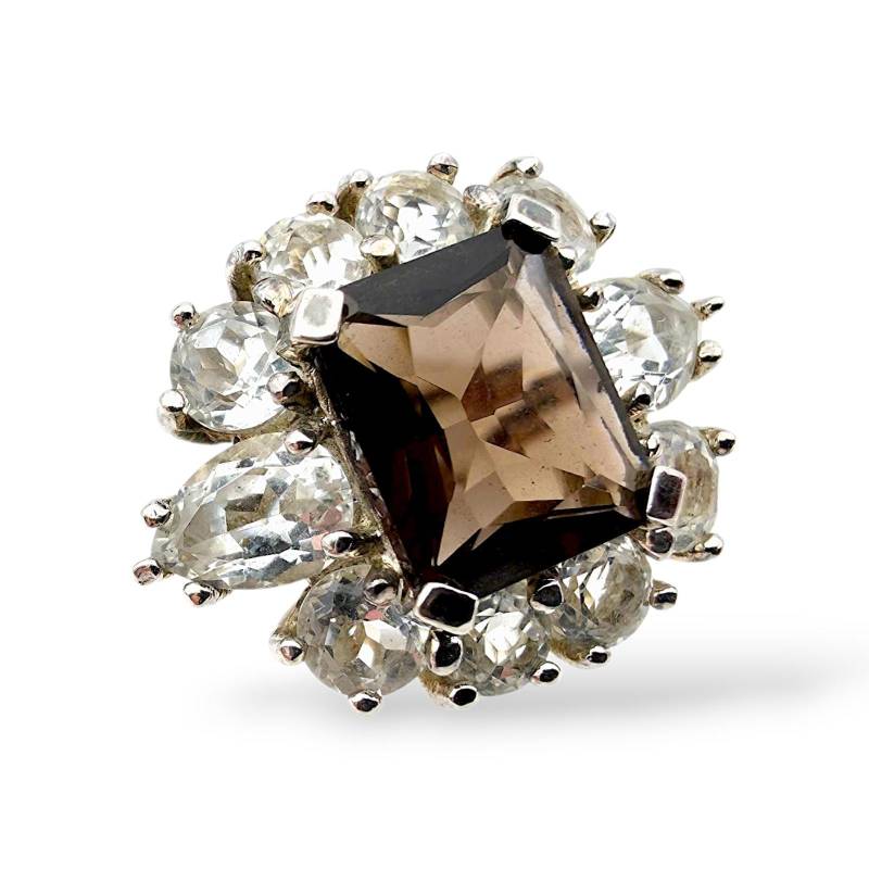 Vintage Silver Cocktail Ring With Smoky Quartz & White Topaz | Cluster Statement Eu 56.5 | Us 7.5 von detaschmuck