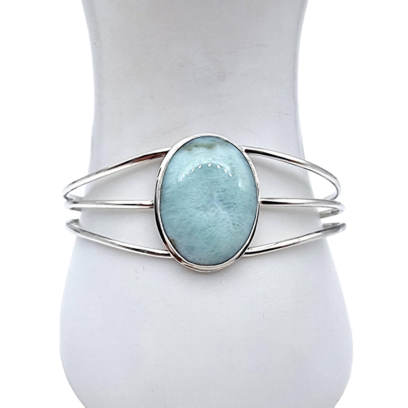 Vintage Silver Cuff Bracelet With Larimar Stone | 925 Adjustable Bangle Handmade Boho Caribbean Jewelry von detaschmuck