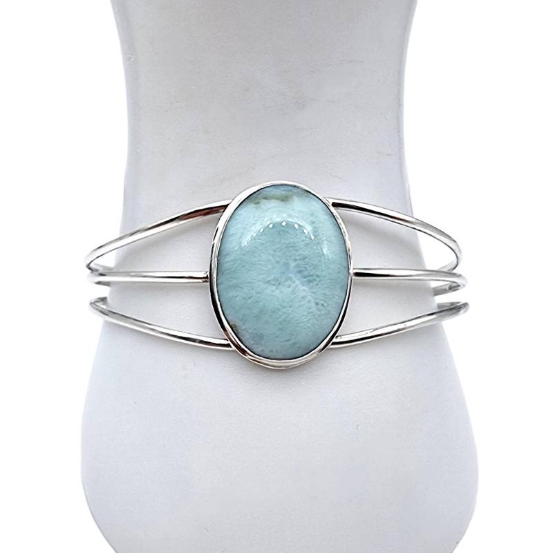 Vintage Silver Cuff Bracelet With Larimar Stone | 925 Adjustable Bangle Handmade Boho Caribbean Jewelry von detaschmuck