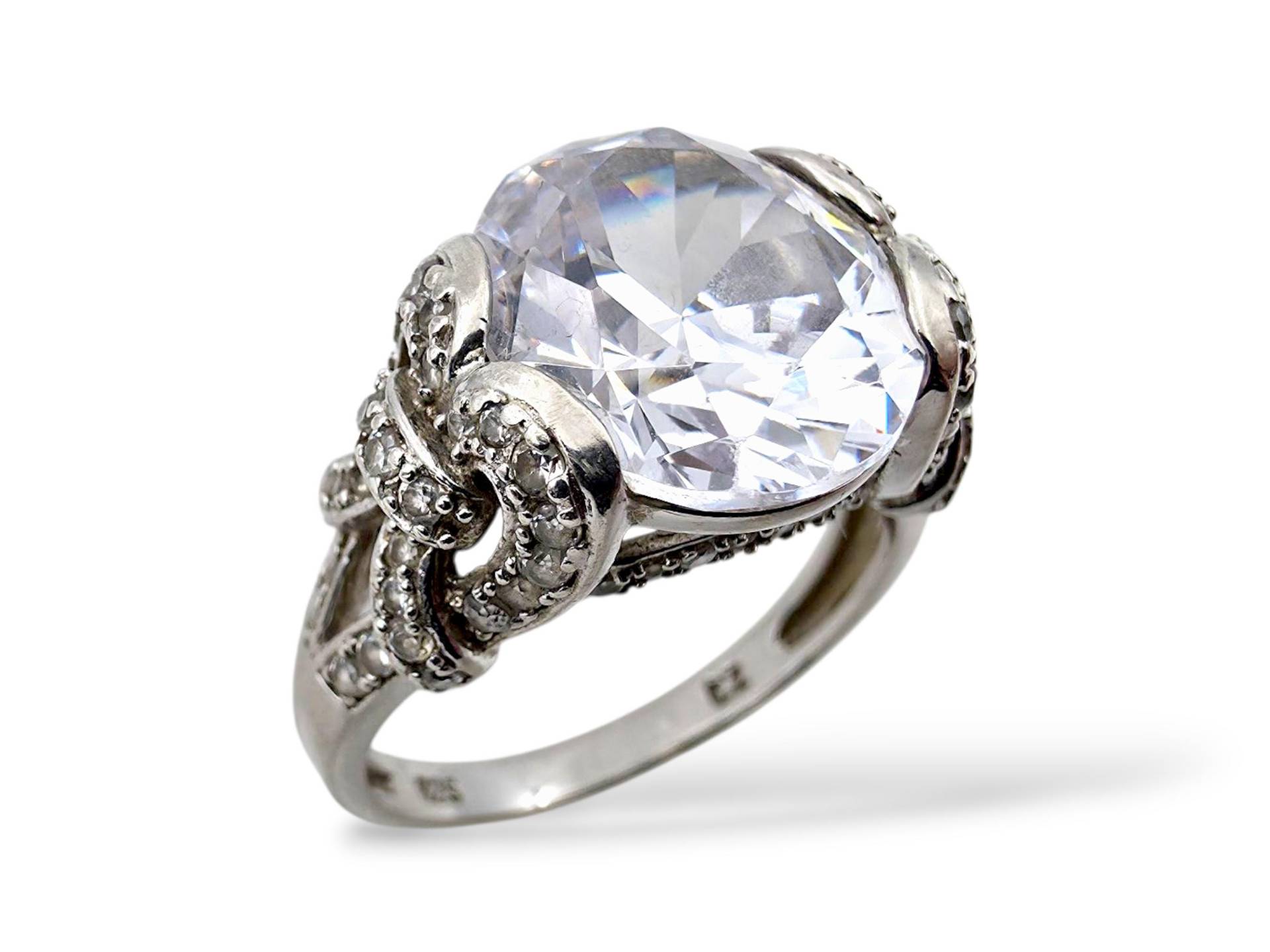 Vintage Silver Cz Cocktail Ring | Eu 66/Us 11.75 | 925 Statement With Large Clear Stone Elegant Sparkling Jewelry von detaschmuck