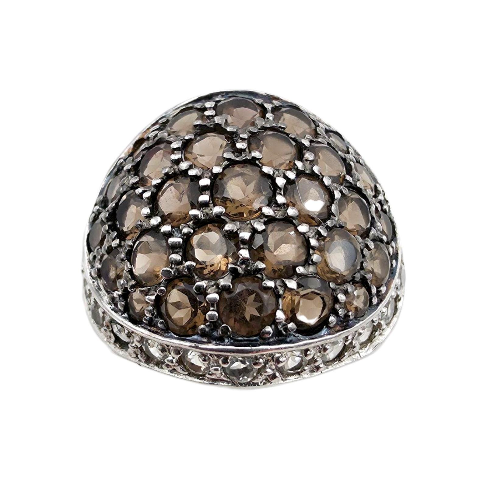 Vintage Silver Dome Ring Eu 53 | Us 6.5 With Smoky Quartz & White Topaz - Pavé Cocktail Statement Jewelry von detaschmuck