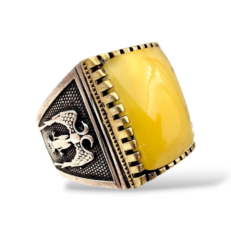 Vintage Silver Eagle Ring With Yellow Amber Cabochon - Signed 925 Eu 64 | Us 10.5 Bold Statement Jewelry von detaschmuck