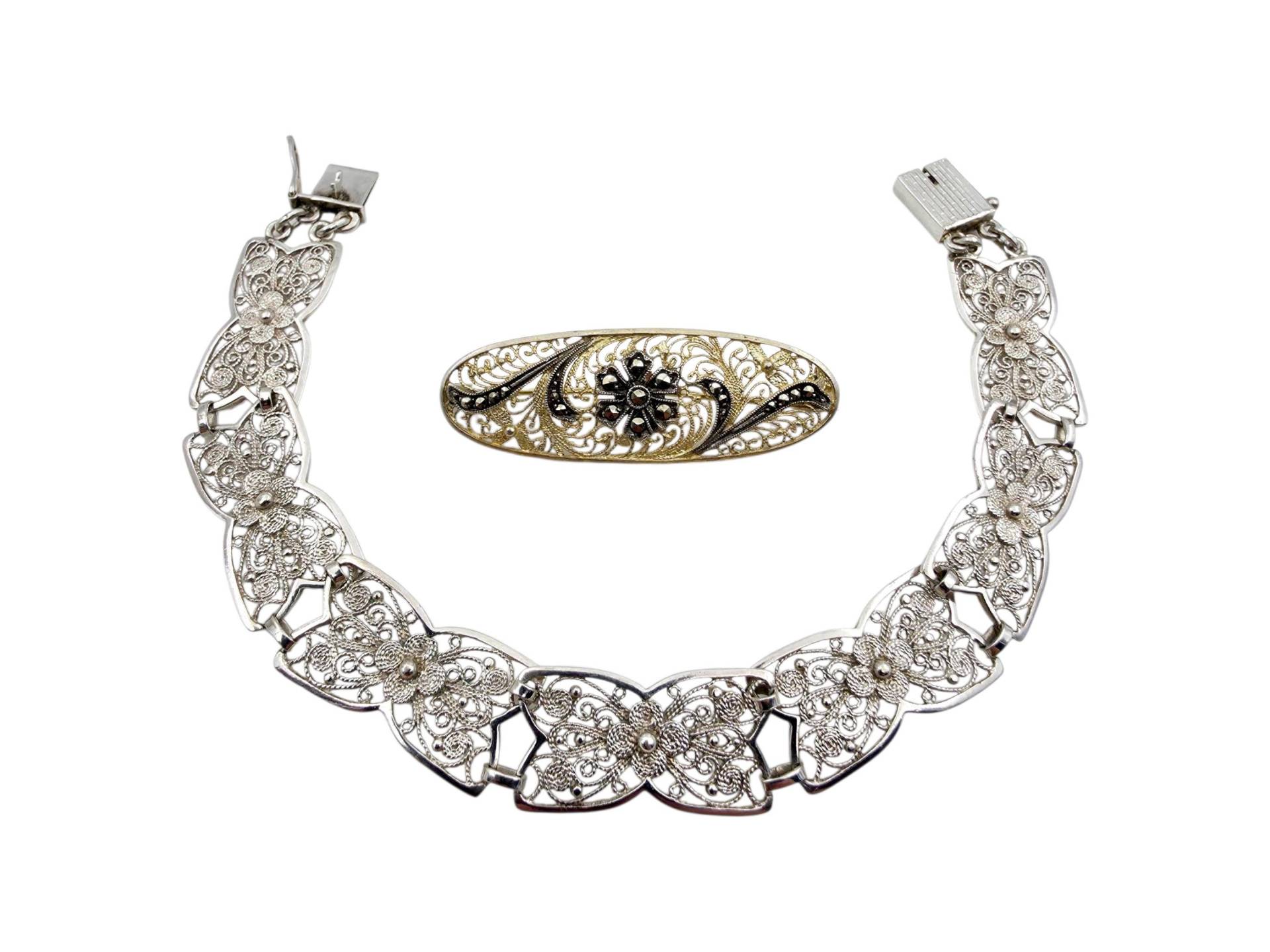 Vintage Silver Filigree Floral Set | Bracelet & Brooch 1950S Elegant Retro Jewelry von detaschmuck