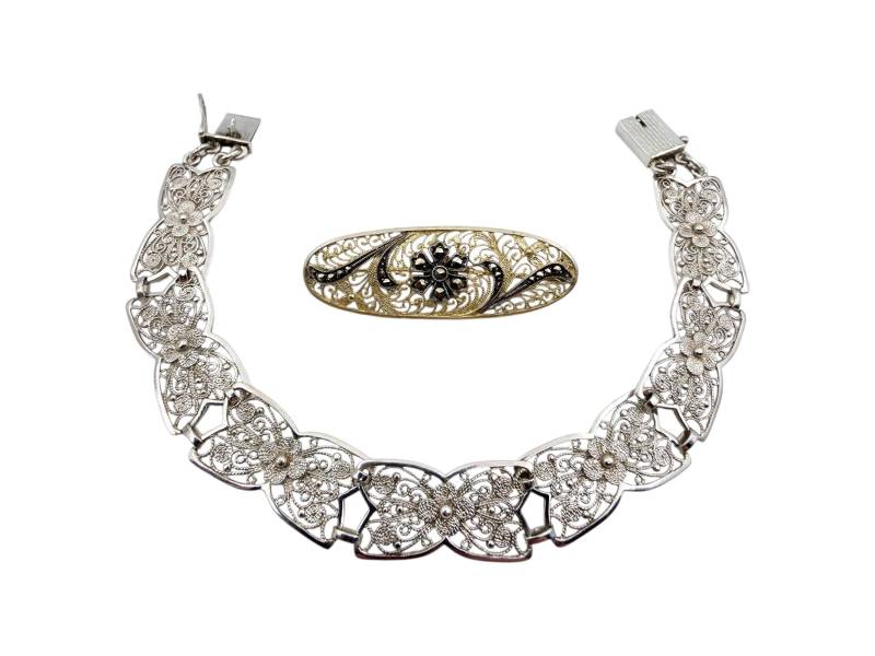 Vintage Silver Filigree Floral Set | Bracelet & Brooch 1950S Elegant Retro Jewelry von detaschmuck