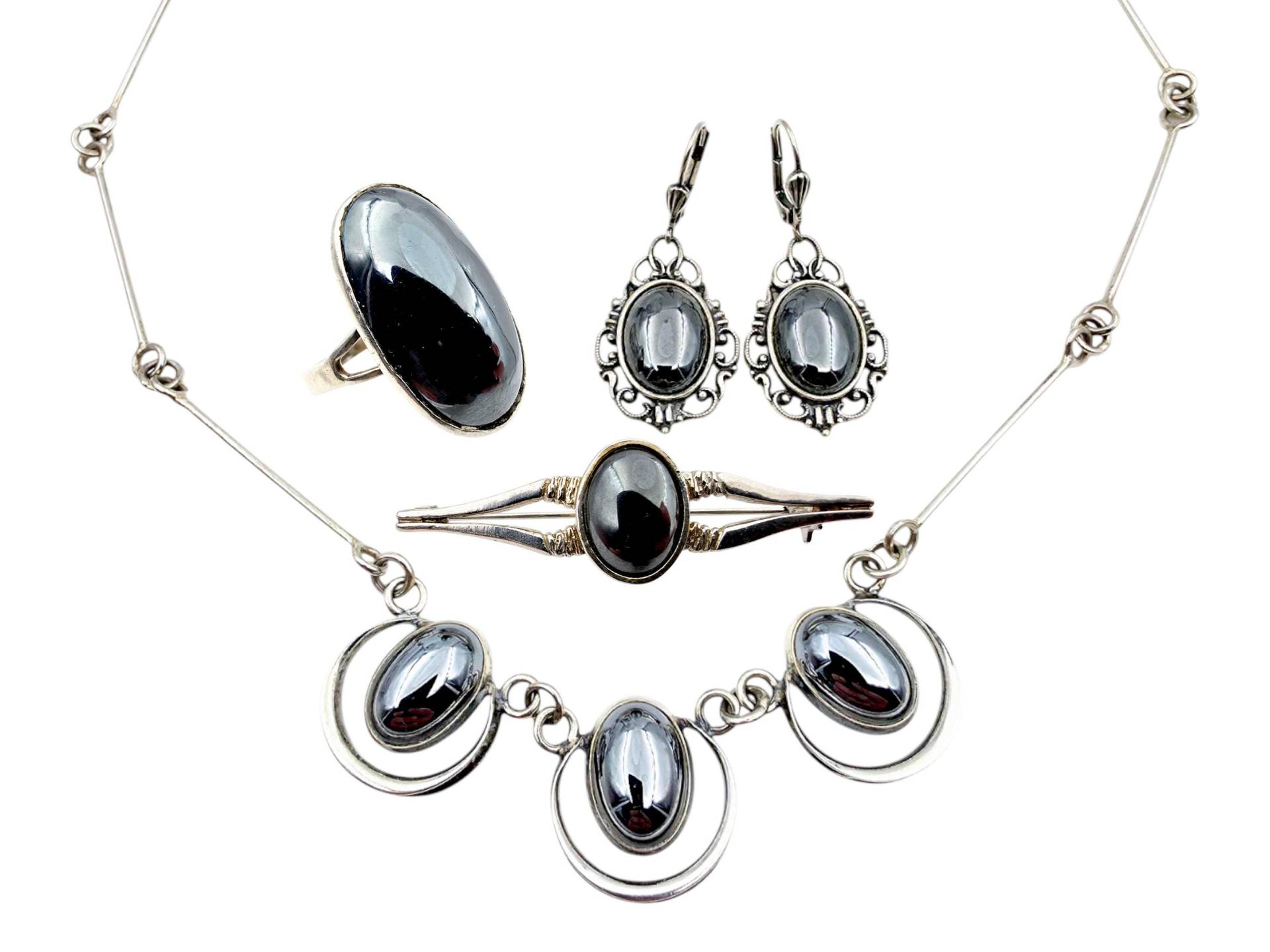 Vintage Silver Hematite Jewelry Set, Necklace 45cm, Ring Eu 58 | Us 8.25, Earrings & Brooch, 36.8G, Mid-Century Modernist Design von detaschmuck