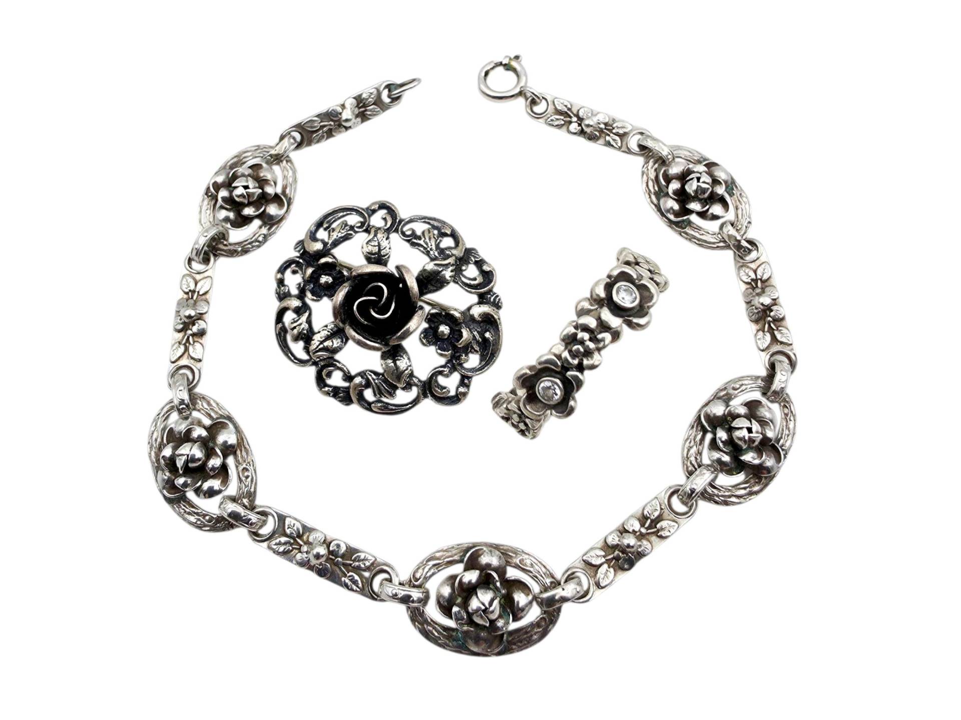 Vintage Silver Jewelry Set - Teka Floral Brooch, Flower Bracelet, Pandora Ring With Stones von detaschmuck