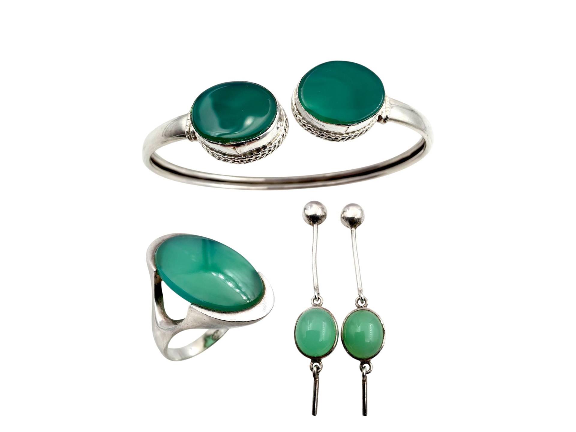 Vintage Silver Jewelry Set With Green Chalcedony | Bracelet, Ring & Earrings Modernist Design von detaschmuck