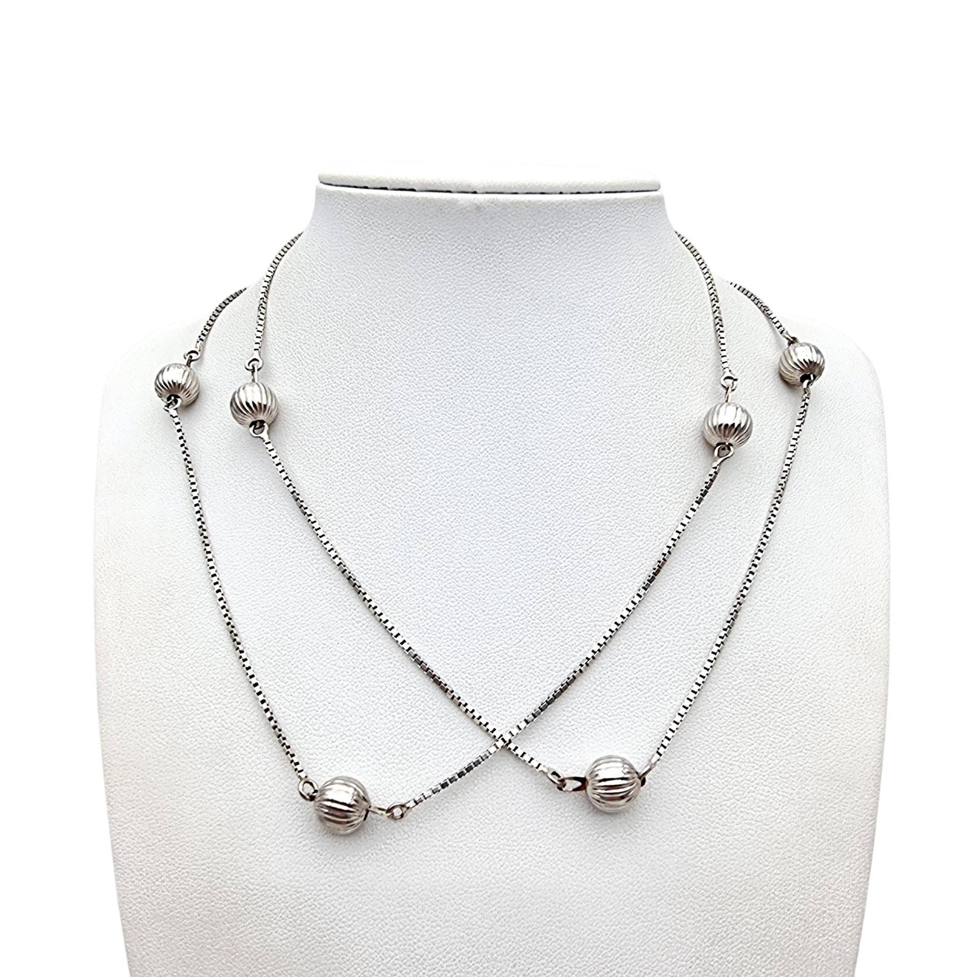 Vintage Silver Long Necklace | 80cm Box Chain With Ribbed Beads Modernist 1970S Jewelry von detaschmuck