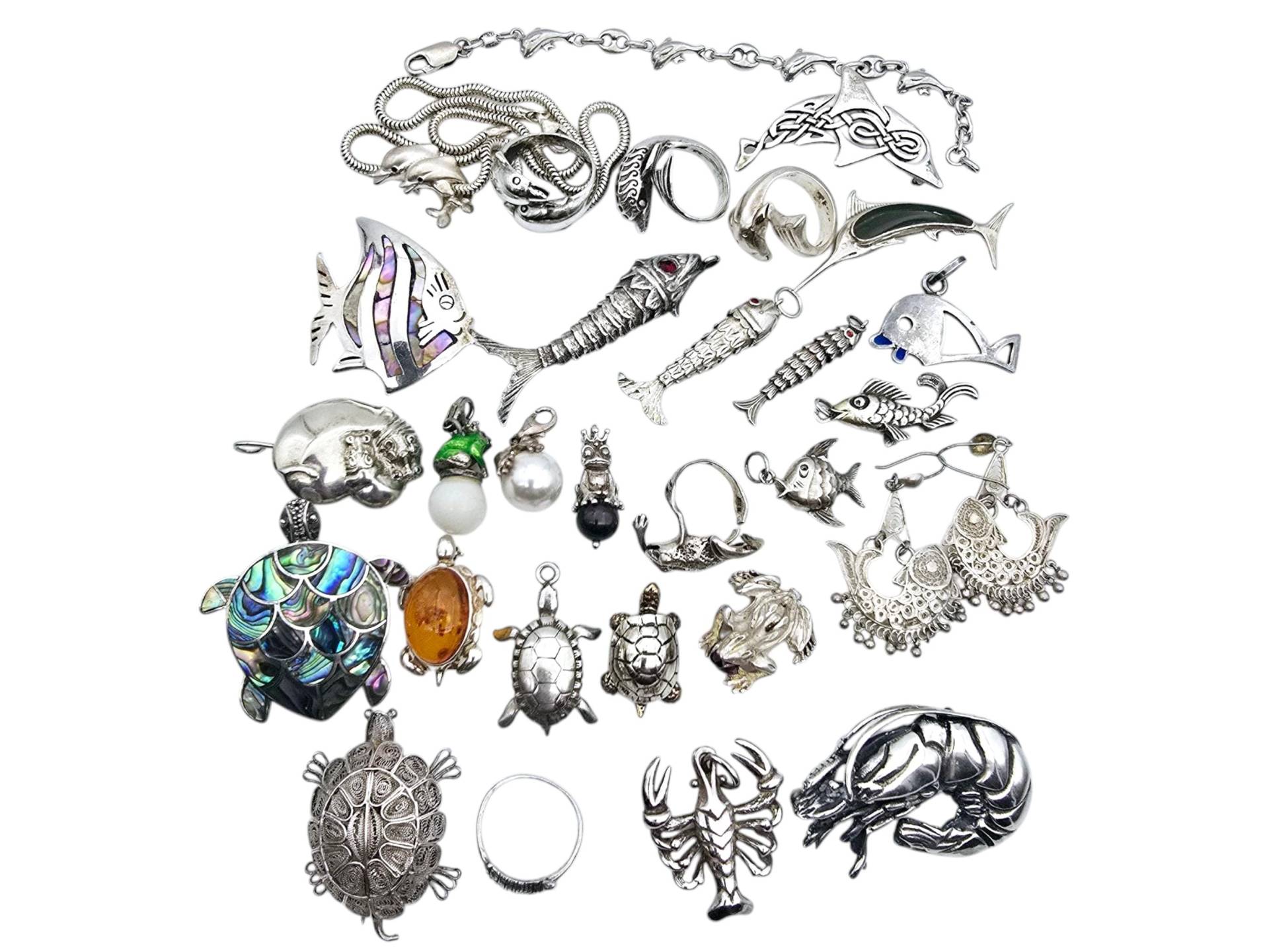 Vintage Silver Marine & Aquatic Animal Jewelry Set - 29-Piece Of Fish, Turtles, Crabs, Frogs, Etc 184G Unique Collection von detaschmuck