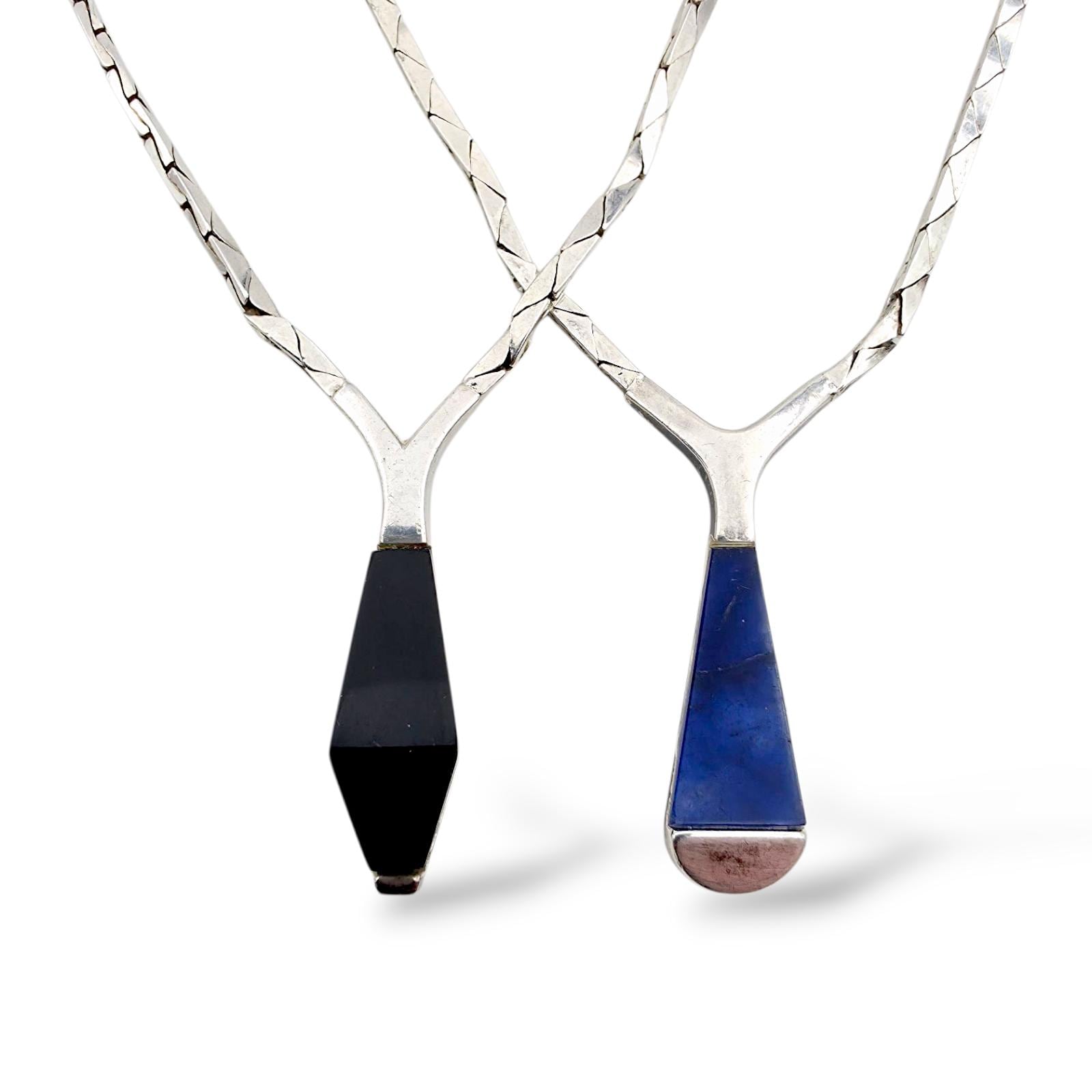 Vintage Silver Necklace Set With Onyx & Lapis Lazuli Pendants, Modernist 1960S Jewelry, Geometric Design von detaschmuck